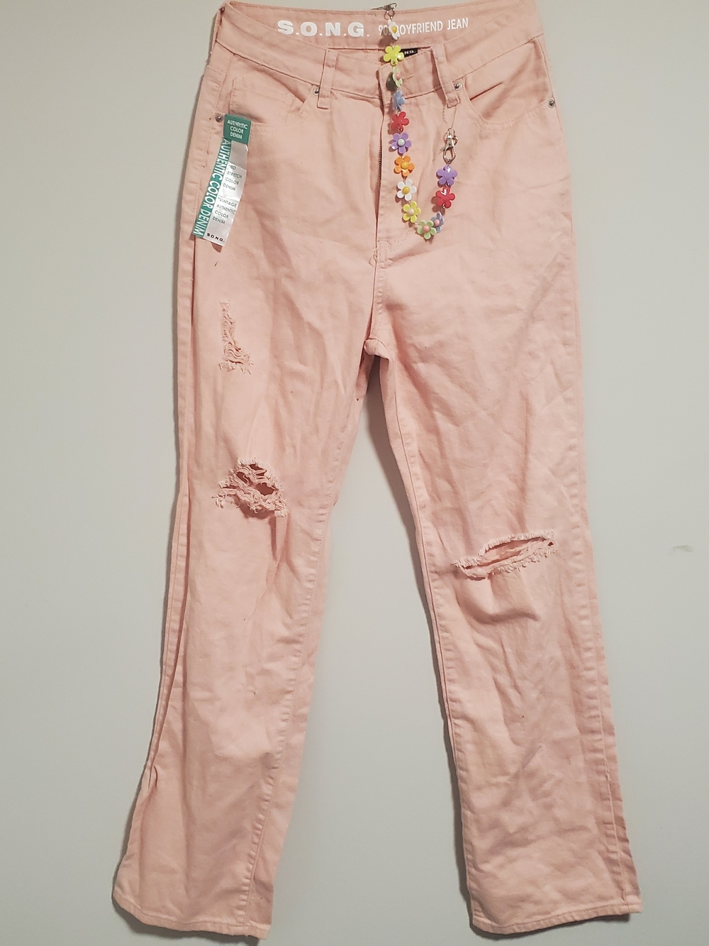S.O.N.G. Pink Boyfriend Jeans with Distressed Knees